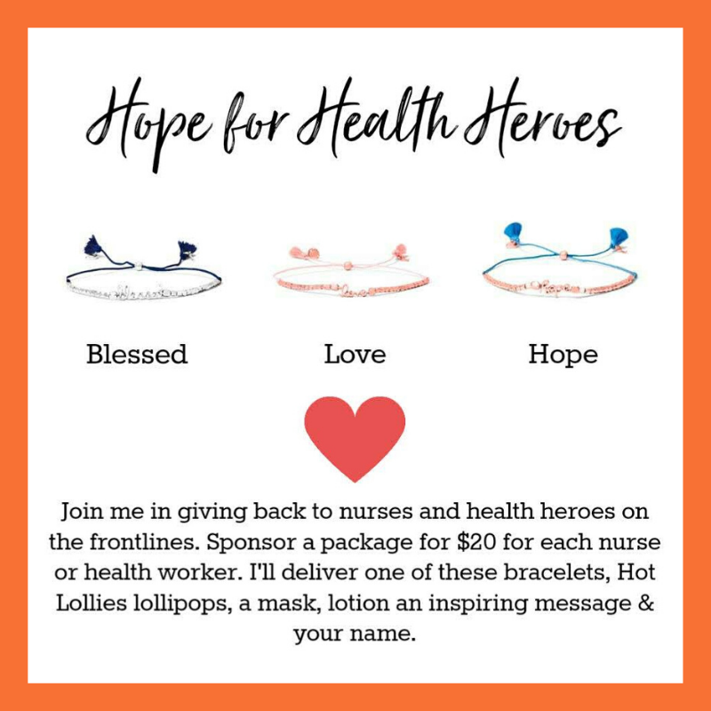 hope for health heroes campaign showing three bracelets (blessed, love & hope) and campaign details
