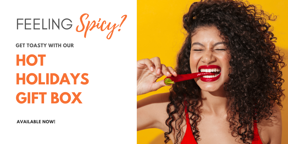 Hot Holidays spicy food box promo and woman eating chile pepper