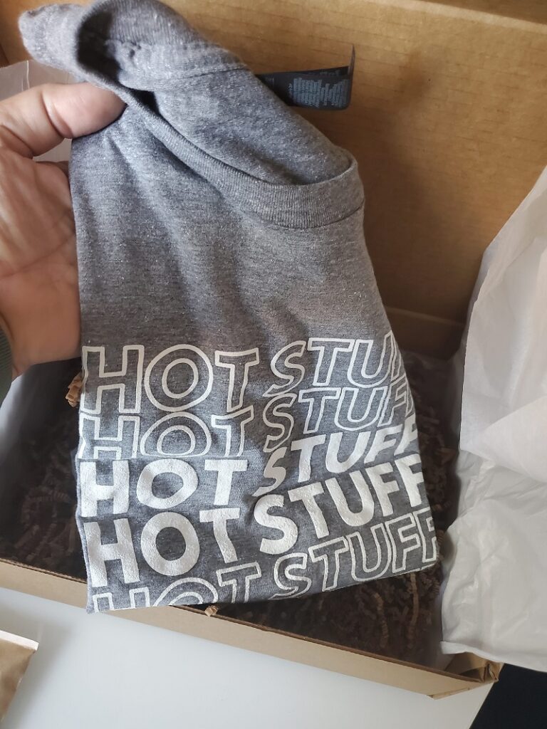 closeup of hot stuff gray tshirt