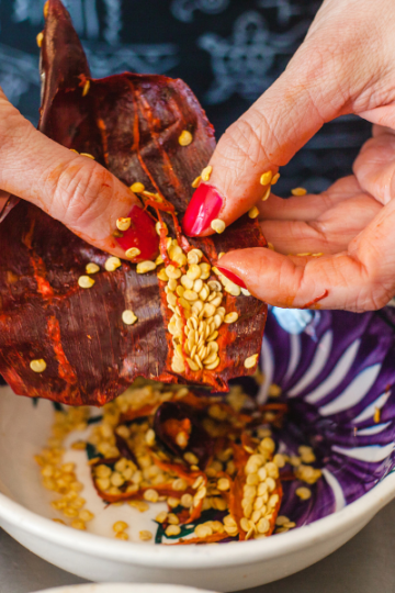 closeup of woman's hands de-seeding a dried chile pepper over bowl